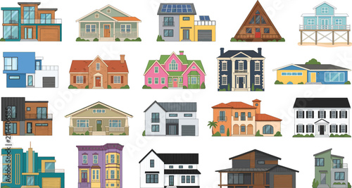 Large collection of diverse residential house architectural styles icons isolated on white background for real estate graphics