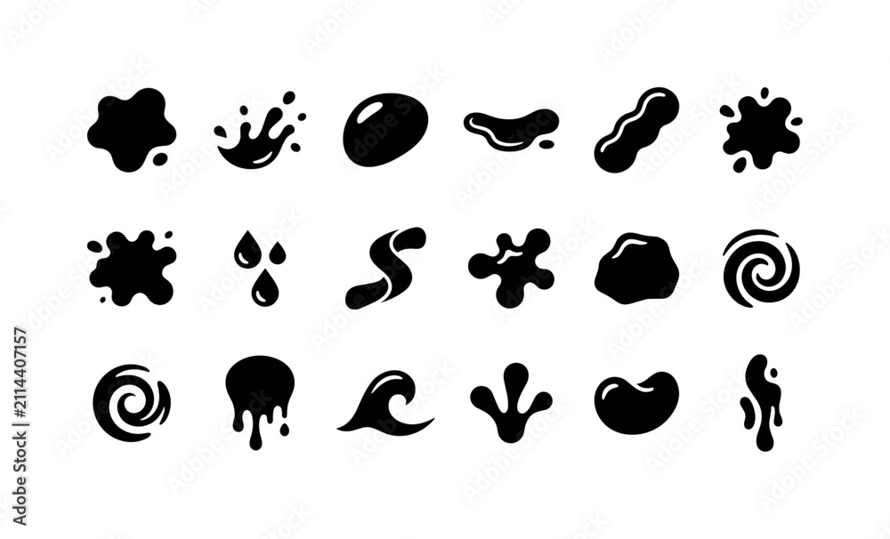 Obraz premium Collection of black ink splatters and liquid drops in various abstract shapes
