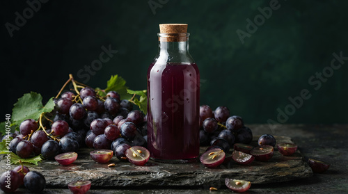 Bottle of grape juice with fresh grapes on dark background