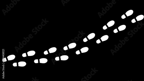 Human shoes Footstep walking on black background. footprints shoes, shoe prints marks feet animation. Step footprints path isolated. 4K Resolution.