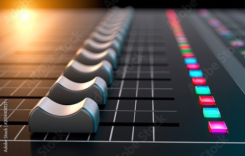 Obraz na płótnie Close-up of a sound mixing board with glowing lights and reflective sliders