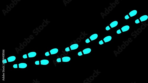Human shoes Footstep walking on black background. footprints shoes, shoe prints marks feet animation. Step footprints path isolated. 4K Resolution.