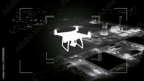 Thermal imaging system detecting small drone over industrial facility during nighttime perimeter security monitoring