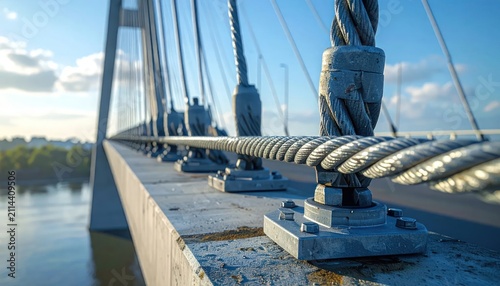 Close up of thick steel cables on a suspension bridge over a river.