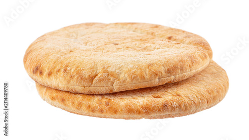 Fresh soft pita bread isolated background. Traditional baked flatbread with golden crust for bakery, food and healthy eating.