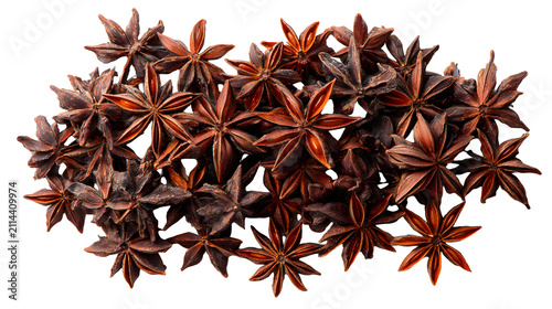 Scattered pile of whole star anise on white background with down view scattered top down ingredient flavoring fragrance seasoning aromatic with culinary