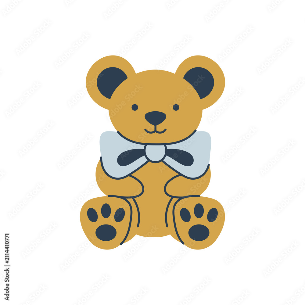 Fototapeta premium Plush Teddy Bear with Bow. Hand drawn vector illustration of cute stuffed toy wearing a big blue ribbon. For kids' rooms, shower invitations, soft bedroom artwork. Flat style
