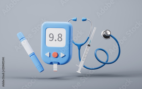 Medical glucometer with blood sugar concept, 3d rendering.
