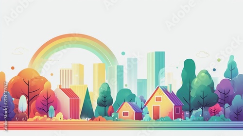 Colorful urban landscape with rainbow and homes