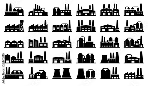 Modern Manufacturing Plant Silhouette Collection with Industrial Factory Skyline Vector Icons