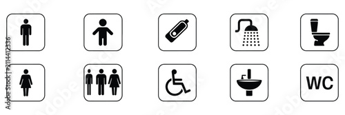 Restroom vector icon featuring public space signage with various facility symbols, including restrooms and family-friendly options for accessibility design.