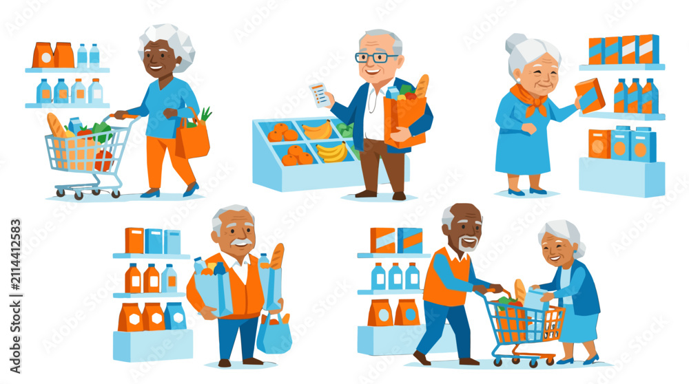 Fototapeta premium Active seniors selecting items from supermarket shelf displays.