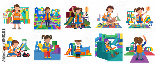Fotografie Set of flat vector illustrations of a little girl wearing a safety vest role-playing as a playground supervisor or security guard in a colorful indoor play zone