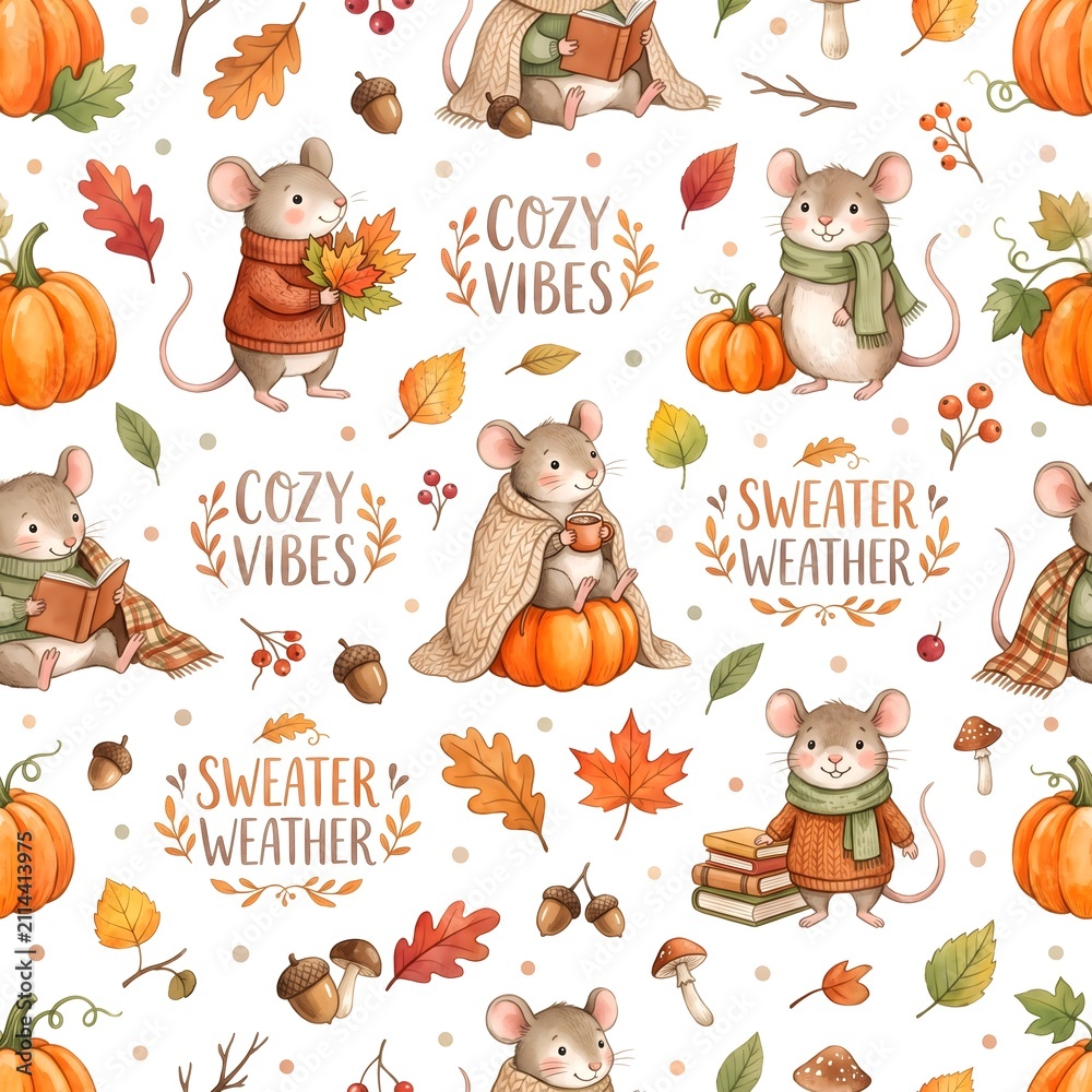 Obraz premium Cozy Autumn Watercolor Seamless Pattern with Cute Mice, Pumpkins, and Fall Elements