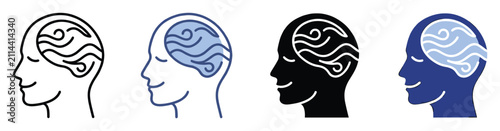 Set of head profiles with abstract brain for mind health and creative thought concepts