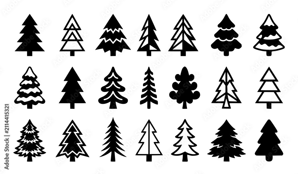 Fototapeta premium Simple Black Christmas Tree Icon Set Flat Pine Tree Vector Collection