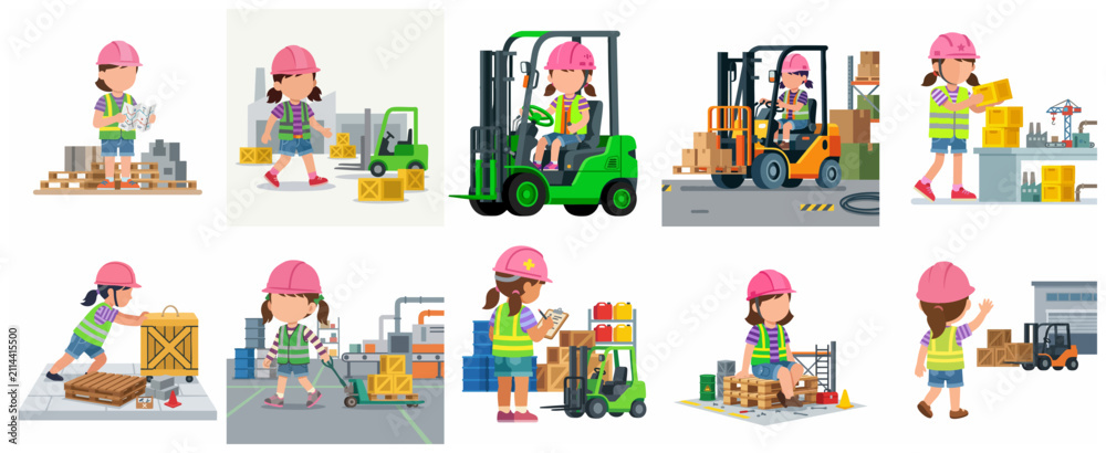 Naklejka premium Logistics and Warehouse Management Cartoon Character Set Featuring a Young Girl in Safety Gear with Forklifts and Boxes