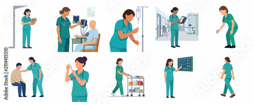 Set of professional nurse characters in various medical situations performing healthcare tasks in hospital and clinic settings