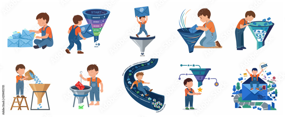 Fototapeta premium Email marketing funnel concept illustration set with a character processing messages for lead generation and sales conversion