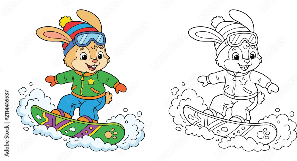 Fototapeta premium Cute Cartoon Bunny Snowboarding on Winter Snow Illustration Set with Black and White Coloring Page Outline for Kids