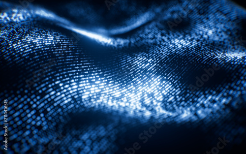 Flowing blue wave particles background, 3d rendering.