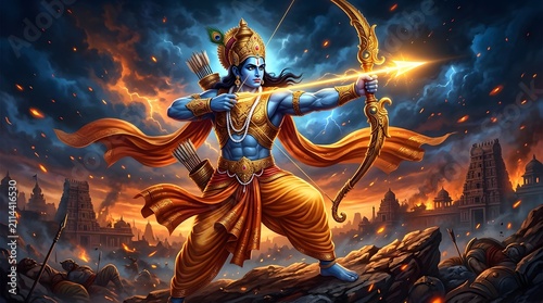 Mythical warrior with bow and arrow in dramatic fantasy landscape