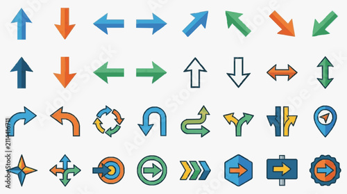 Minimalist Colorful Directional Arrows and Symbols Set for UI Web Design and Presentation Use with high quality professional line art symbols for modern creative design and digital branding projects