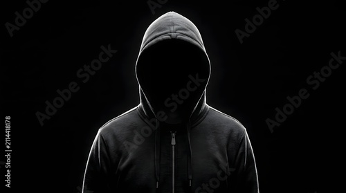 Mysterious figure in hooded sweatshirt against dark background