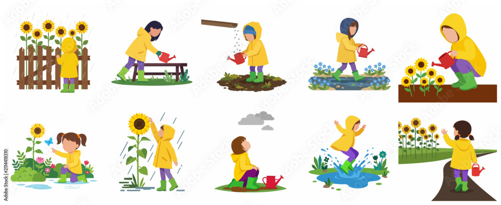 Obraz premium Little Girl in Yellow Raincoat Gardening and Playing in the Rain Vector Illustration Set