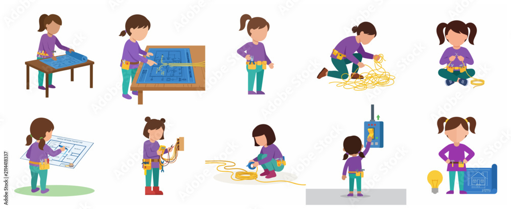 Fototapeta premium Set of little girl characters performing various electrical technician and engineering tasks, STEM education and future career concept