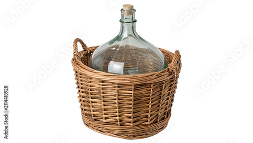 Bild auf Leinwand Large vintage glass carboy bottle inside white wicker basket isolated on transpa