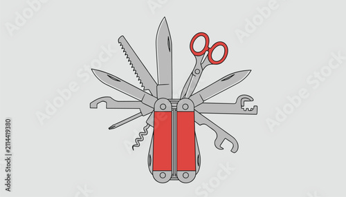 Red multipurpose pocket knife multi-tool with scissors, saws, and blades open on a neutral gray background.