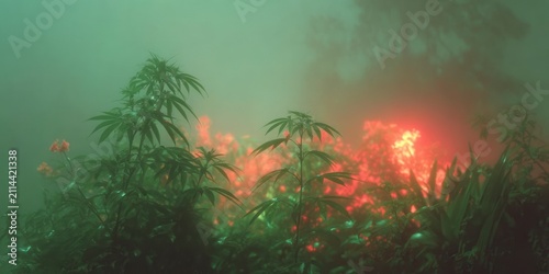 Cannabis plants in atmospheric green fog with red glowing light