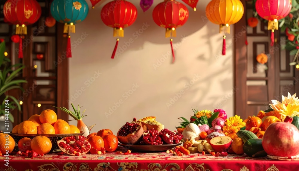 Fototapeta premium Chinese New Year Festive Table with Fruits and Lanterns.