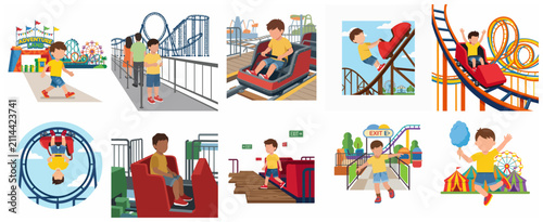 Set of Illustrations Depicting a Young Boy's Adventure at an Amusement Park Riding a Roller Coaster and Eating Cotton Candy