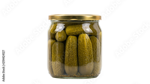 Foto Glass jar filled with whole pickled cucumbers and brine