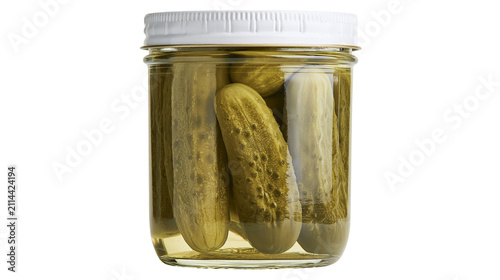 Foto Glass jar of dill pickles submerged in brine