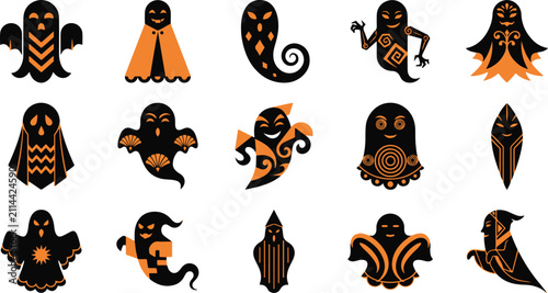 Bild auf Leinwand Halloween ghost icons set, 15 spooky spirit characters with orange and black tri