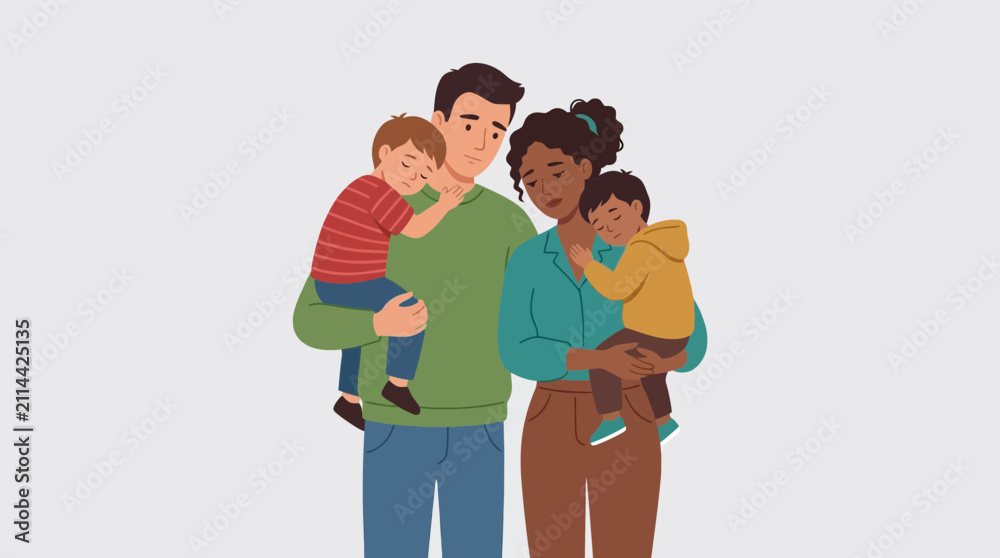 Fototapeta premium Sad Interracial Family Holding Two Children Illustration