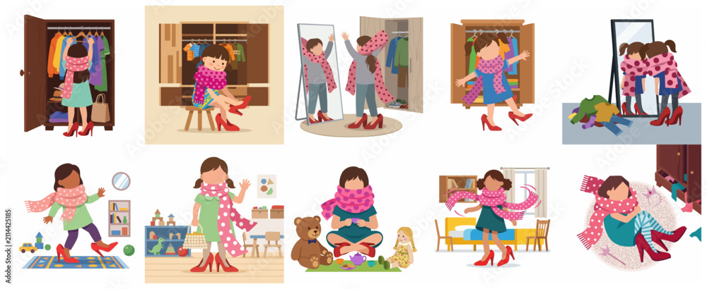 Fototapeta premium Cute Little Girl Playing Dress-Up with Oversized High Heels and Scarf, Collection of Childhood Imagination and Fashion Play Illustrations
