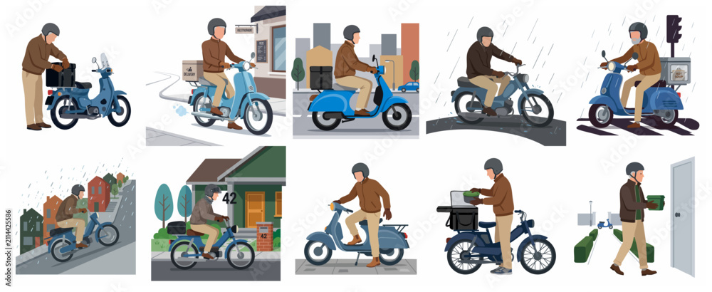 Fototapeta premium Courier Food Delivery Service Illustration Set with Scooter Rider in Different Scenes