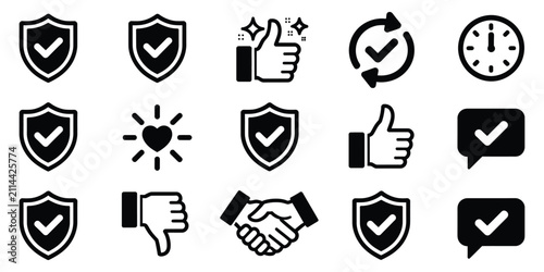 Security icon set featuring black and white approval symbols for protection, verification, authentication, privacy, access control, and vector illustration design.