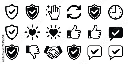 Security icon set featuring black and white approval symbols for protection, verification, authentication, privacy, access control, and vector illustration design.
