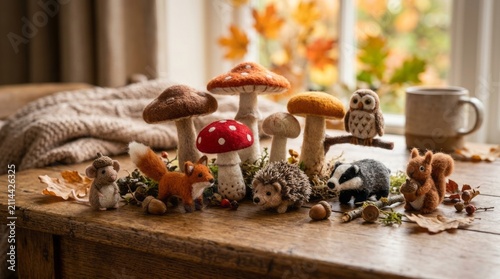 Whimsical felt woodland creatures and mushrooms create a cozy autumn scene on a rustic table.