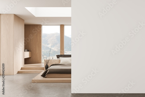 Konstfotografi Minimal interior bedroom with wooden accents, large windows and spacious empty wall serving as clean poster mockup display design template for layout