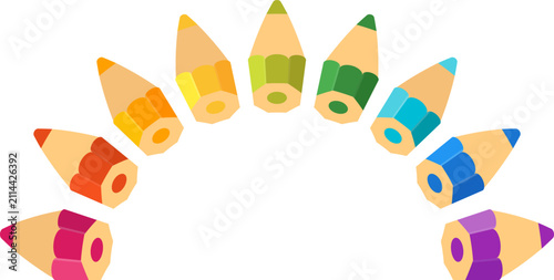 Semicircle pencils border. Colorful rainbow pencils frame. Bright stationery composition for education, classroom projects. Children activities and modern decorative design. Vector illustration EPS 10