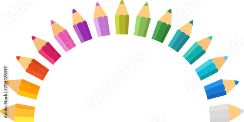 Semicircle pencils border. Colorful rainbow pencils frame. Bright stationery composition for education, classroom projects. Children activities and modern decorative design. Vector illustration EPS 10