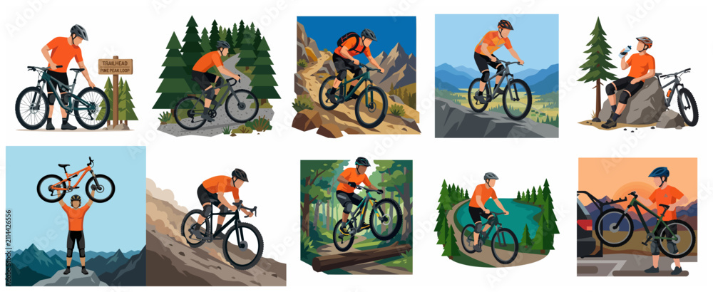 Fototapeta premium Collection of Mountain Biking Illustration Sets Featuring a Man in Outdoor Adventure, Downhill Cycling, Trail Riding, and Extreme Sports Scenes