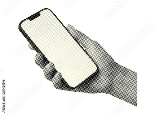 Trendy retro halftone hand holding smartphone art collage on transparent background