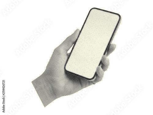 Trendy retro halftone hand holding smartphone art collage on transparent background